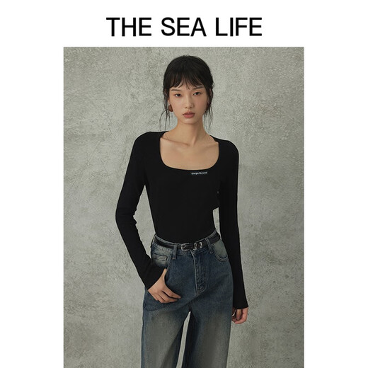 THE SEA LIFE欧海一生 打底衫女修身棉系针织衫13799 黑法师 L