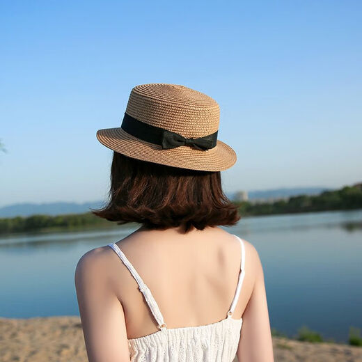 十方秀才草帽女夏天英伦复古平顶小清新礼帽遮阳防晒沙滩帽子出游潮夏 平顶爵士蝴蝶结-卡其