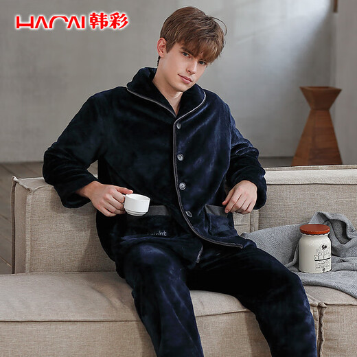 Hancai Pajamas Men's Flannel Autumn and Winter Plus Velvet Thickened Cardigan Couple Coral Velvet Men's Home Clothing Set Black Zhangqing 2XL