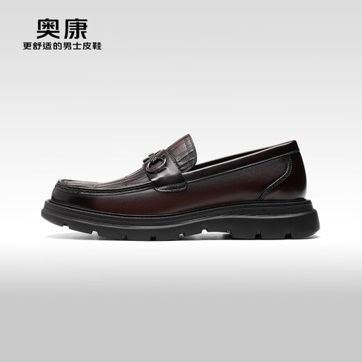 奥康（Aokang）官方男鞋 春秋季石头纹休闲皮鞋马衔扣舒适乐福鞋【门店发货】 棕色 6241614069 38