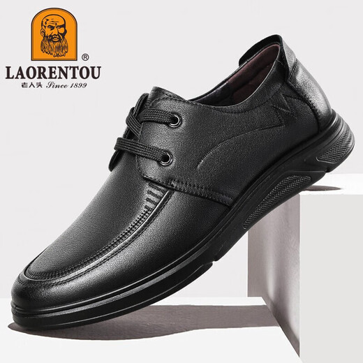 老人头（LAORENTOU）皮鞋男春秋商务休闲鞋头层牛皮系带耐磨防滑男鞋 LA12049 黑 41 