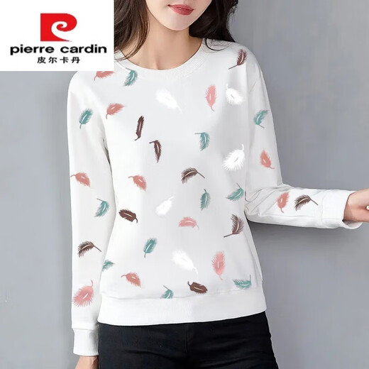 皮尔卡丹（pierre cardin）纯棉长袖T恤女秋冬薄款白色印花上衣女士宽松中年大码显瘦外套 E9227羽毛 M 【建议80-95斤】