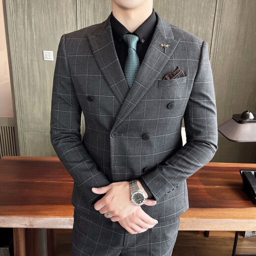 Jindan Spring and Autumn New Large Size Customized Suit Suit Men's Three-piece Slim Fit Korean Groom Wedding Dress Groomsmen's Clothes Plaid Small Suit Business Casual Formal Gray Plaid Double-breasted L Suit + Vest + Shirt + Pants