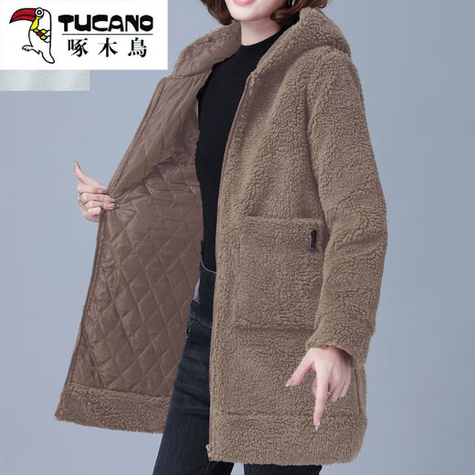 啄木鸟（TUCANO）加厚保暖仿羊羔绒外套女冬季新款中老年大码宽松中长款连帽棉袄 653浅紫色 3XL 【建议145-160斤】