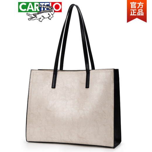 CARTELO Genuine Leather Large Capacity Bag Women's Bag 2021 New Trendy Versatile Soft Leather Handbag Casual Commuting Shoulder Tote Bag Gray White and Black