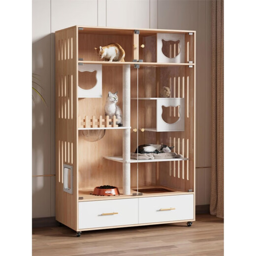 Cat cage with integrated toilet, suitable for large and small kittens, villa indoor household cat house with integrated toilet, solid wood cat, length 120, width 60, height 150cm, environmentally friendly and waterproof model, delivery to home, installation package