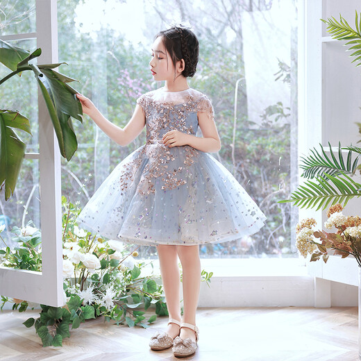 小咔衣浓女童礼服儿童生日公主裙蓬蓬纱花童婚纱高端女孩主持人钢琴演出服 1591蓝色前短后长 130