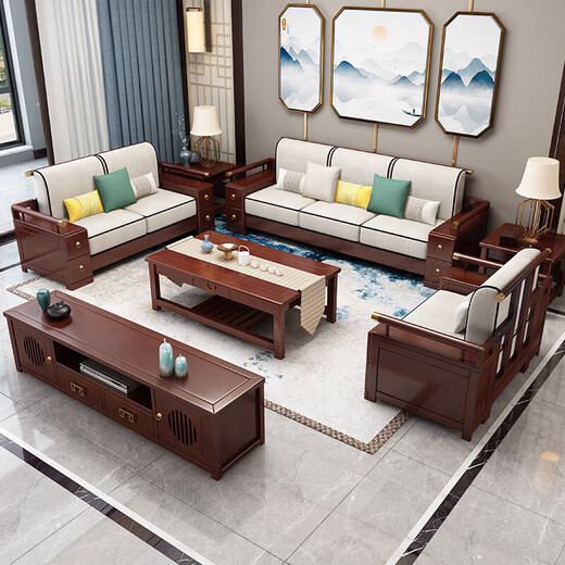 Salon de canapé en bois massif zihua Nouveau coin chinois Conccubine Fabbine combinaison meuble d'appartement de luxe léger haut de gamme 9902 siège à quatre personnes consécutives + tiroir table basse [cadre] couvercle de lin en coton
