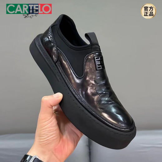 CARTELO first-layer cowhide trendy brand men's shoes 2025 autumn new slip-on cowhide business casual shoes genuine leather thick sole 80195 black 41 standard leather shoe size