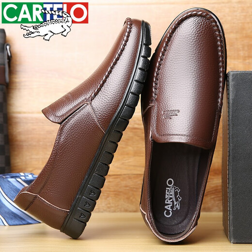 CARTELO top layer cowhide men's business formal casual leather shoes with one foot breathable soft sole non-slip middle-aged and elderly dad shoes Black single shoes 40