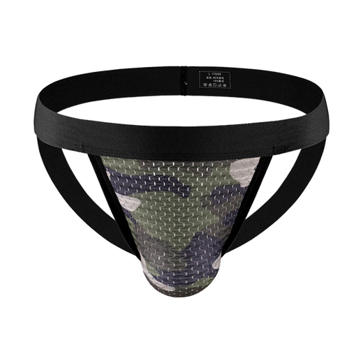 Movik's new men's underwear camouflage thong, ice silk hollow sexy low-waist elastic men's double thong underwear, black 1 pair M