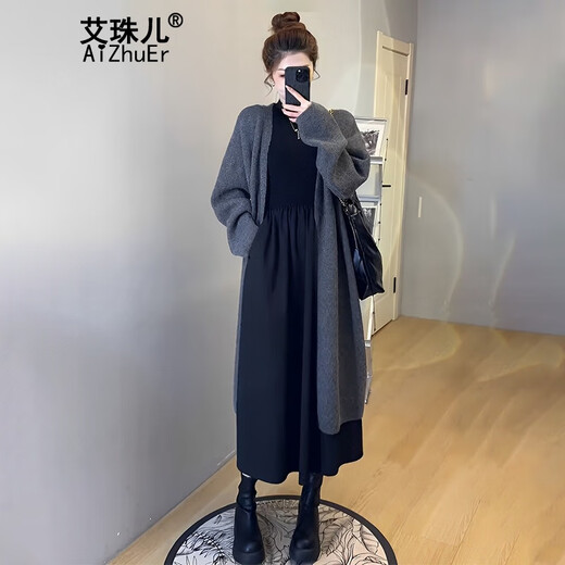 Aizhuer Kleid (Aizhuer) neuer Modeanzug für Frühling und Herbst 2025 Tragen Sie einen kompletten Set kleiner gestrickter Jacke für Frauen Strick -Strickjacke + Kleid (Anzug) l