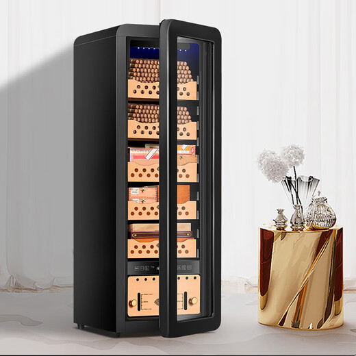 CIGARLOONG 78HC cigar cabinet with constant temperature and humidity, cedar wood shelf, naked maintenance, creative European curved design, air-cooled cigar cabinet, constant temperature and humidity control, cigar cultivation, household cigar humidifier, 78HC black cedar wood shelf + curved + constant temperature and humidity cigar cabinet
