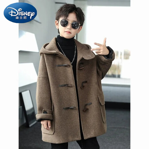 Disney (Disney) Boys' Woolen Coat 2024 Autumn and Winter New Children's Horn Button Woolen Coat Children's Clothing Top Mid-Length Loose Hooded Black 120 Recommended height is about 120cm