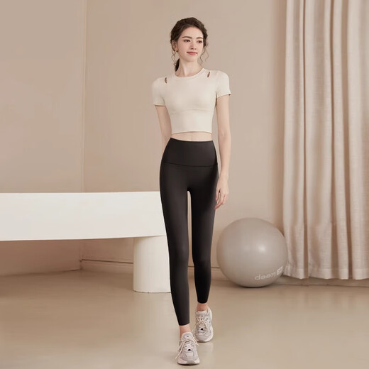 LULUUVTTOH Yoga Wear Short Sleeve Suit Women's Summer Running Sports Top Women's Fixed Cup Outer Wear Slimming Pilates Fitness Wear Gray Brown Pants L