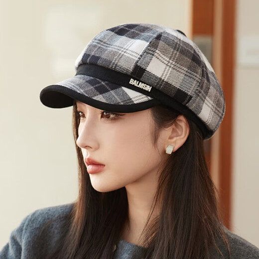Jimmy leaf hat women's autumn and winter new plaid octagonal hat literary age-reducing beret British retro woolen newsboy hat coffee color one size M (56-58cm)