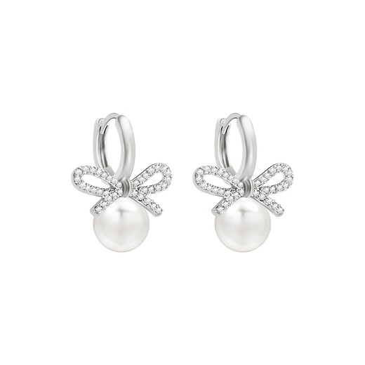 Yichan Japanese and Korean rhinestone bow imitation pearl earrings for women high-end earrings 2025 new hot style niche temperament earrings rhinestone silver bow pearl earrings