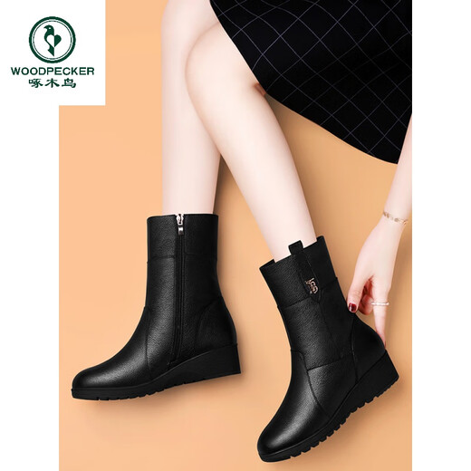 啄木鸟头层牛皮中筒靴女靴2025年新款真皮软底短靴秋冬加绒中年妈妈马靴 GQ 9716 黑色 加绒 4.5厘米 34