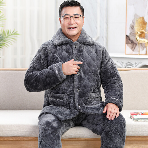 轩朵淇睡衣男冬季加厚加绒珊瑚绒三层夹棉法兰绒爸爸中老年人家居服套装 C9913#黑灰色男【长毛绒】 L(100-120斤)三层加厚