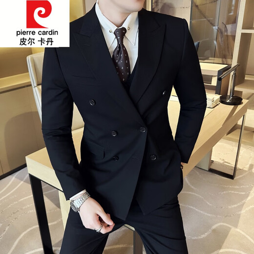 Pierre Cardin British Style Double Breasted Suit Men's Suit Business Casual Formal Groom Wedding Dress Suit Two-piece Black W02 Jacket + Black Trousers 2-piece Pack 2XL 150Jin Jin is equal to 0.5 kg within