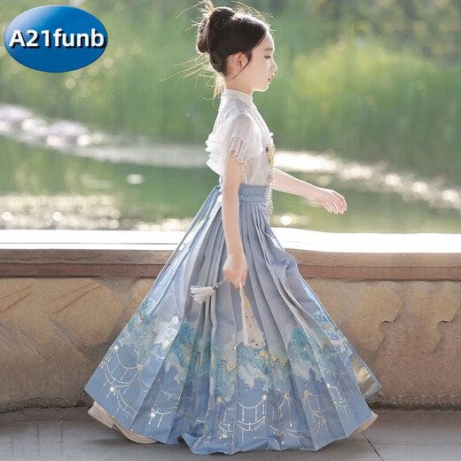 
A 21 FUNB girls horse-faced skirt children's Hanfu summer and spring suit new children's ancient style Hanfu skirt little girl button top + long horse-faced skirt + necklace 150 suitable for 140-150cm age 11-12 years old