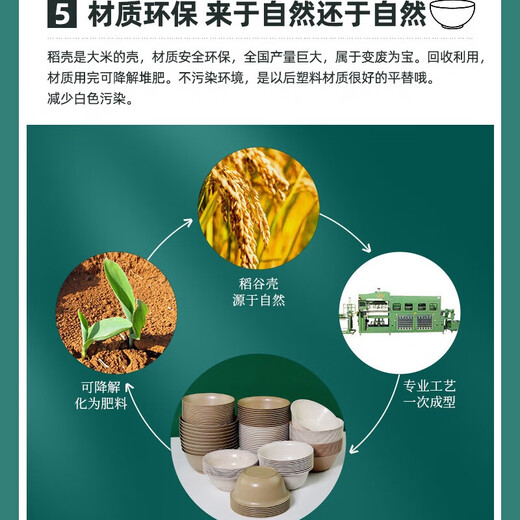 Yuling Disposable Bowl Tableware Set Biodegradable Thickened Four-Five-Piece Rice Husk Food-Grade Household Dining Bowls, Chopsticks, Spoons, Dishes, Cups, 50 Rice Husk Bowls, 300ml