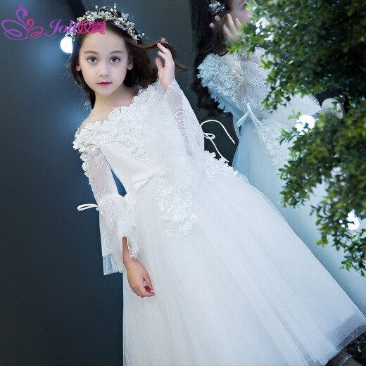 Jiao Ni Children's Dress Puffy Princess Dress Girls Wedding Dress Long Sleeve Flower Girl Host Piano Performance Costume White 130 (Height 125-135 Weight 50 to 60 Jin [Jin is equal to 0.5 kg]