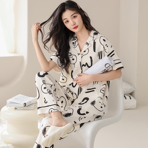 Modal 100% cotton pajamas for women in summer short-sleeved trousers pure cotton sweet and cute casual thin home clothing set AM693 women XL