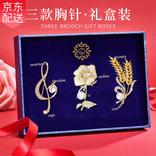 Ancient brooch, high-end women's exquisite niche corsage gift box, light luxury and elegant pin, silk scarf buckle birthday gift for women, practical temperament and fashionable brooch 3-piece set