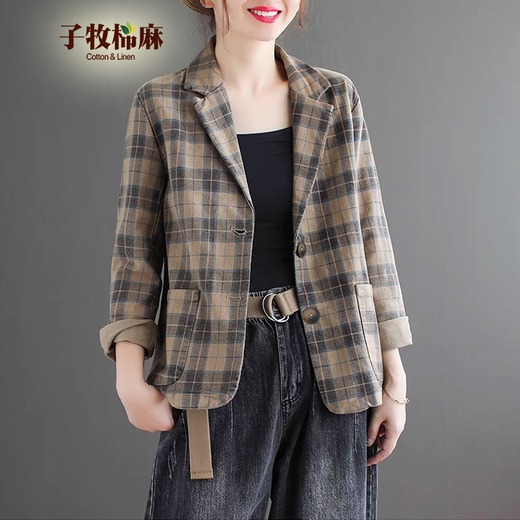 子牧棉麻秋装 女文艺复古格子外套洋气休闲西装开衫上衣6627 卡其色 L(建议115-125斤)