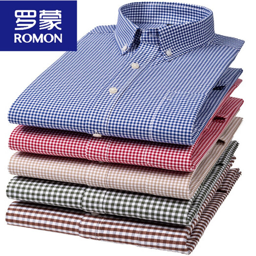罗蒙（ROMON）男士小格子长袖衬衫春秋中青年休闲磨毛棉衬衣男装 18-719蓝白小格子 M 39110-120斤