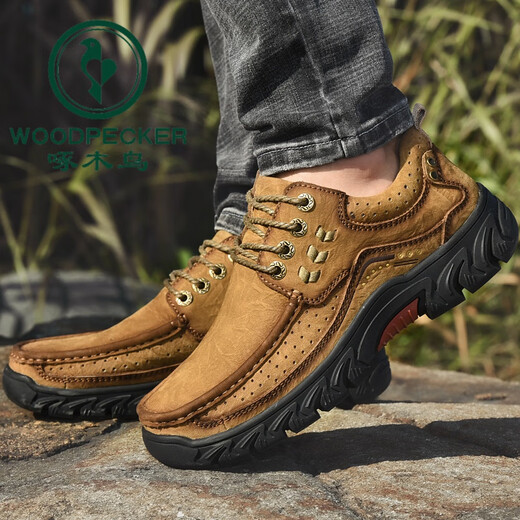 Holzspecker Herrenschuhe Outdoor Casual Big Head Lederschuhe Herren echte Leder wasserdichte dicke Arbeitsschuhe Nicht-Rutsch-Vaters Schuhe 9828 Brown [Schnürung] 40