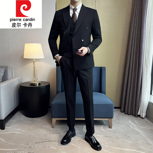 Pierre Cardin British Style Double Breasted Suit Men's Suit Business Casual Formal Groom Wedding Dress Suit Two-piece Black W02 Jacket + Black Trousers 2-piece Pack 2XL 150Jin Jin is equal to 0.5 kg within
