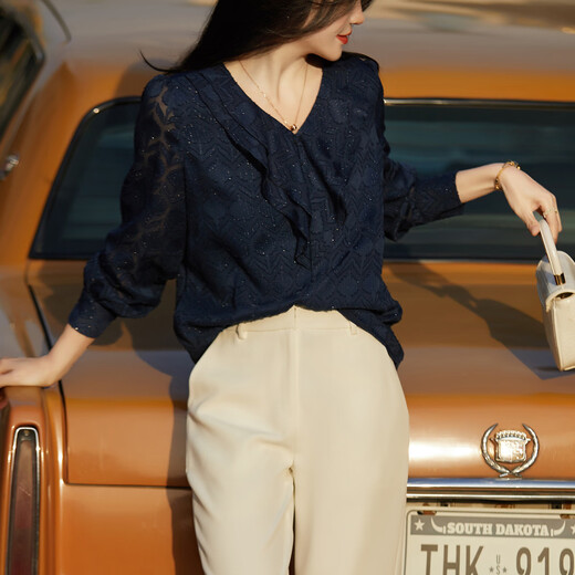 Demana bright silk glitter quality spring and autumn French V-neck long-sleeved shirt jacquard temperament shirt women's tops