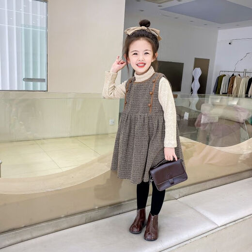 G.duck2025 New Children's Clothing Autumn and Winter Girls' Velvet Plaid Suspender Skirt Female Baby Western-style Tank Top Skirt Children's Skirt Skirt + Sweater Suit 120 cm Recommended height is about 110 cm