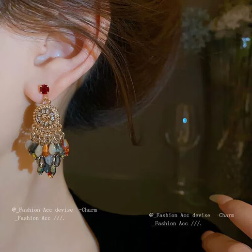 Jianla Super Fairy Colored Crystal Tassel Earrings Retro Exaggerated Ethnic Style Niche Design Bohemian Earrings for Women Colorful Heavy Industry Tassel Earrings A07-204