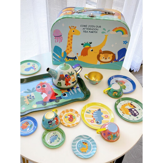 Timini Tea Cup Iron Teapot Children's Simulation Afternoon Tea Toy Tea Set Suitcase Playing House Baby Kitchen Girl Set Dinosaur Tea Set Suitcase