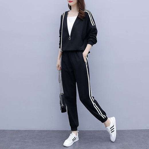 Pinhuifei Traje de verano para mujeres de gran tamaño Swearswear Sportswear ligeramente gordo MM adelgazante y escondite que cubre el vientre Traje de madre suelto de dos piezas 693 Negro [estilo de primavera y otoño] 4xl Jianyi regular 160-180Jin [Jin equivale a 0.5 kg]