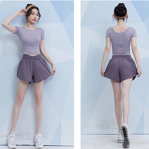 Vansydical fitness wear women's summer short-sleeved sports suit thin running quick-drying top slimming Pilates training yoga wear black two-piece set TC62917 M (recommended 95-105Jin Jin equals about 0.5 kg)