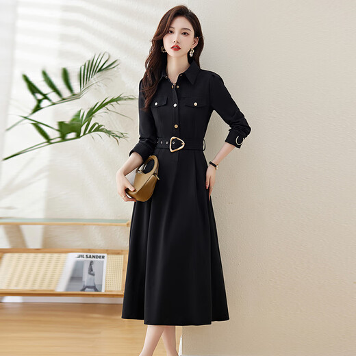 Chu Xin's high-end long-sleeved shirt dress for women 2025 spring and autumn new women's waist slimming temperament knee-length skirt Khaki XL recommended 115-125 Jin Jin equals 0.5 kg