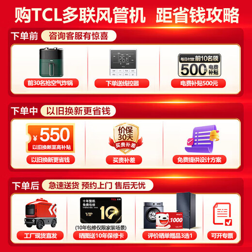 TCL中央空调6匹一拖四风管机 家用多联机全直流变频新一级能效嵌入式空调 TMV-Vd140W/N1-D 以旧换新