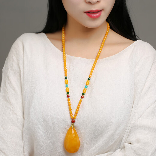 Qiongque Pavilion Beeswax Pendant Amber Raw Stone Chicken Fat Yellow Honey Water Drop Square Brand Blood Amber Sweater Necklace for Men and Women Type A