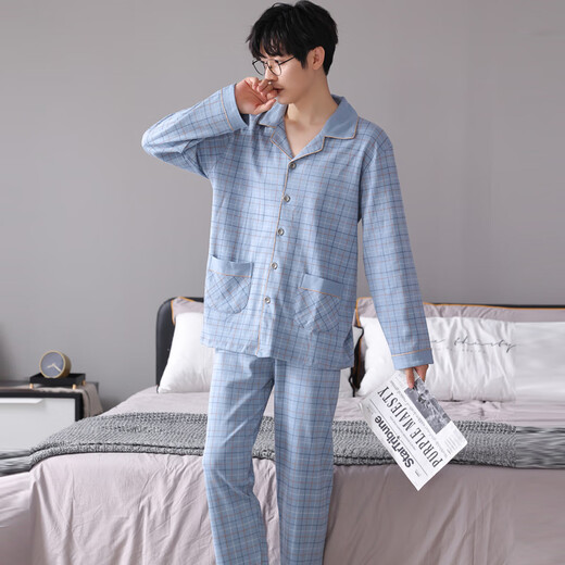 Cat Man Pure Cotton Pyjama Herren Frühling und Herbst Langarmhose großer Größe lässig losen Heimkleidung Set Alle Baumwolle können äußere Verschleiß 3880 Hellblau 3xl [vorgeschlagen 170-190jin [Jin gleich 0,5 kg]]]
