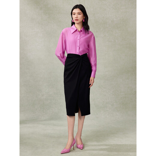 Pink Blue Wardrobe 2024 Spring and Summer i New Tiansi Corrugated Cloud Smoke Gauze Loose Long Sleeve Shirt for Women 5A2C983 Morning Pink XL