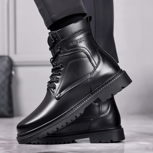 Winter 17 wool cold-proof boots outdoor military hook training boots 33 cruiser navy cotton shoes men's pure wool high-top warm cotton boots increase height 3519 black flat sole model 40