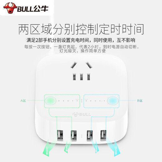 公牛（BULL）防过充USB插座/插线板/插排/排插/接线板4USB+1位插孔全长1.5米2-10小时精准定时 GN-U201T