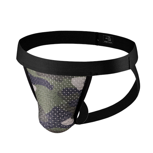 Movik's new men's underwear camouflage thong, ice silk hollow sexy low-waist elastic men's double thong underwear, black 1 pair M