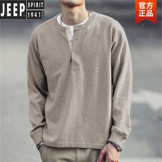 JEEP SPIRIT American Retro Henley Long Sleeve T-Shirt Men's Khaki Retro Old Loom Tube Woven Henley Collar T-Shirt Men's Sand Gray + CPH28 The quality is higher than that of its peers 2XL Fast Delivery