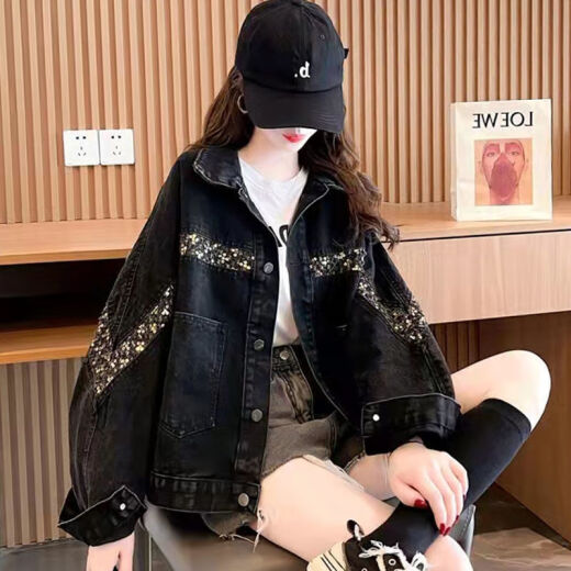 冉艺岚感黑色牛仔外套女2025新款设计感复古港味学生韩版宽松牛仔衣 9926#图片款黑色 S  建议80--95斤