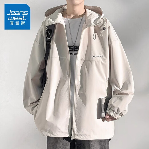 真维斯（Jeanswest）外套男士春秋季户外宽松连帽款青少年开衫冲锋夹克防风上衣服褂子 727黑色 L